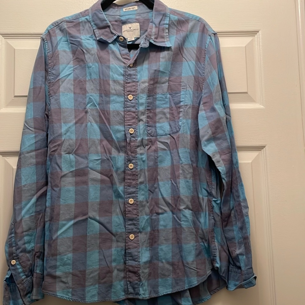 American Eagle Outfitters Plaid Blue and Gray Button Down Shirt